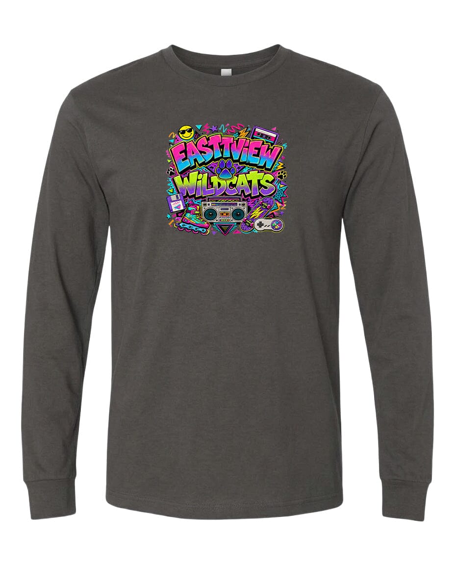 The image is a long-sleeved gray t-shirt with a colorful graphic design featuring the text "EASTVIEW WILDCATS" surrounded by various icons and elements, such as a boombox, sunglasses, and a bird.