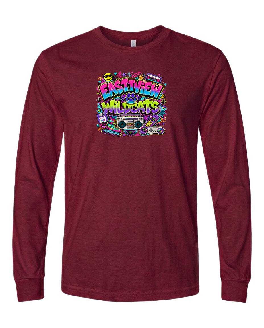 A burgundy long-sleeved t-shirt with a colorful graphic design featuring the text "EASTVIEW WILDCATS" surrounded by various icons and elements, such as a boombox, sunglasses, and a bird.