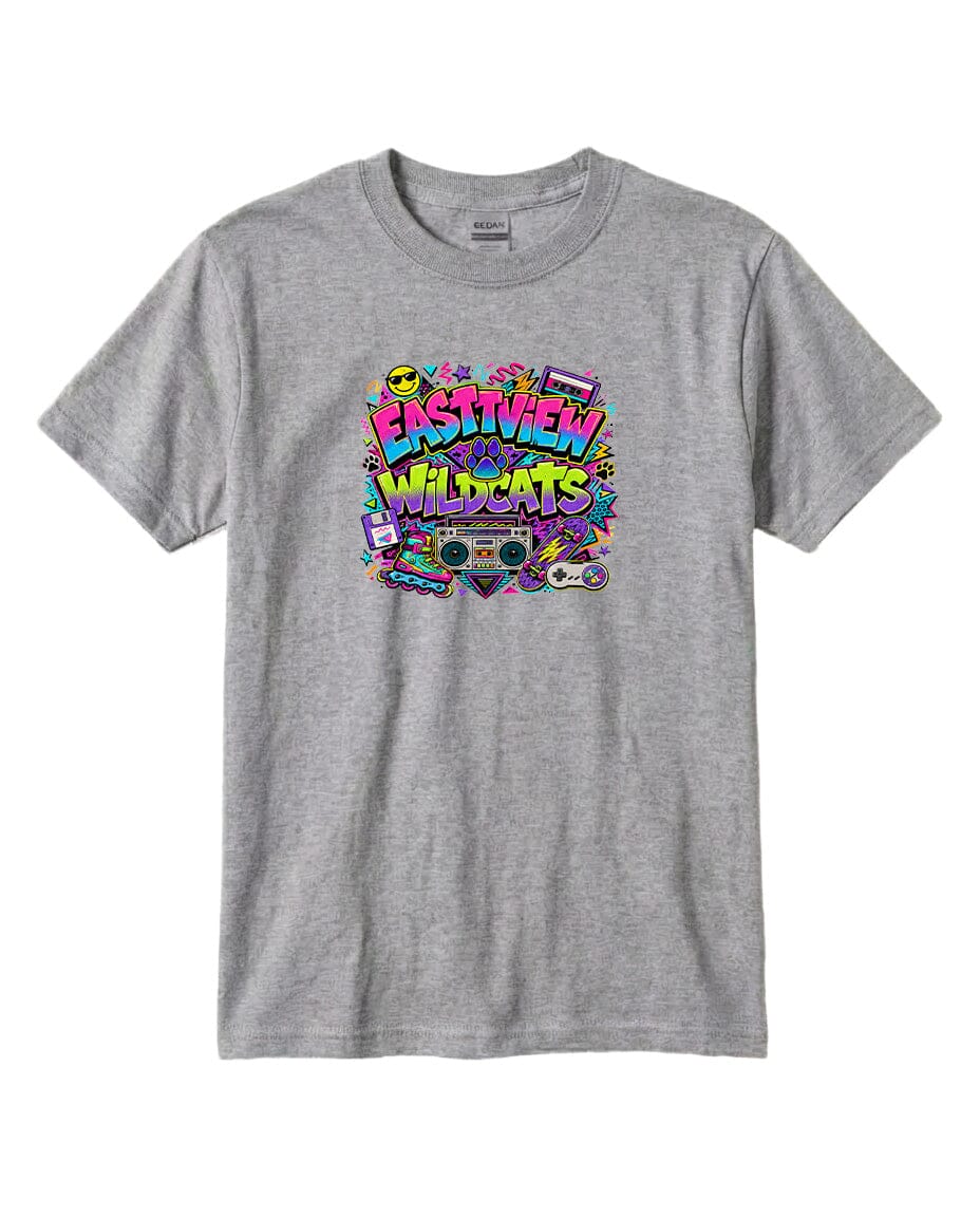 A gray t-shirt with a colorful graphic design featuring the text "EASTVIEW WILDCATS" surrounded by various icons and symbols.