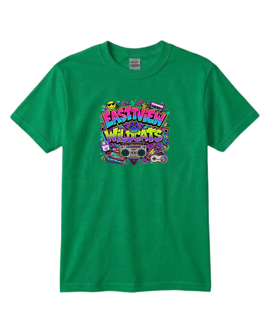 A green t-shirt with a colorful graphic design featuring the text "EASTVIEW WILDCATS" surrounded by various icons and symbols.