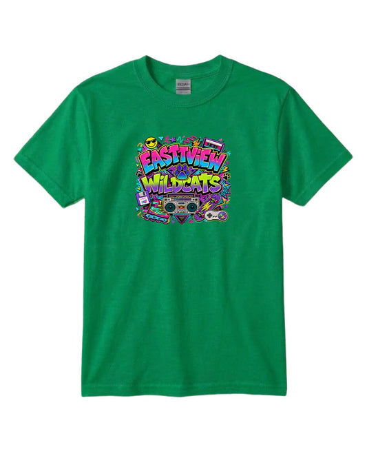 A green t-shirt with a colorful graphic design featuring the text "EASTVIEW WILDCATS" surrounded by various icons and symbols.