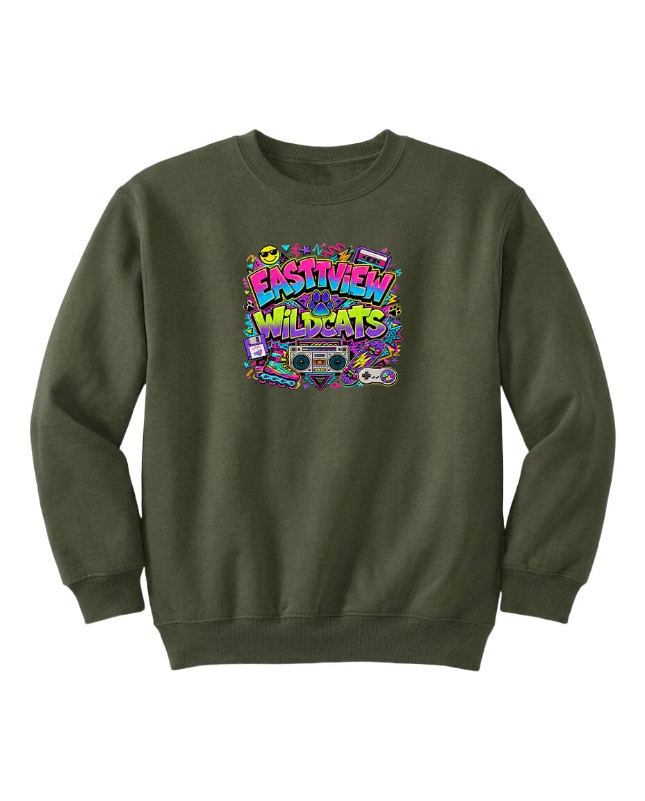A dark green sweatshirt with a colorful graphic design featuring the text "EASTVIEW WILDCATS" surrounded by various icons and symbols.