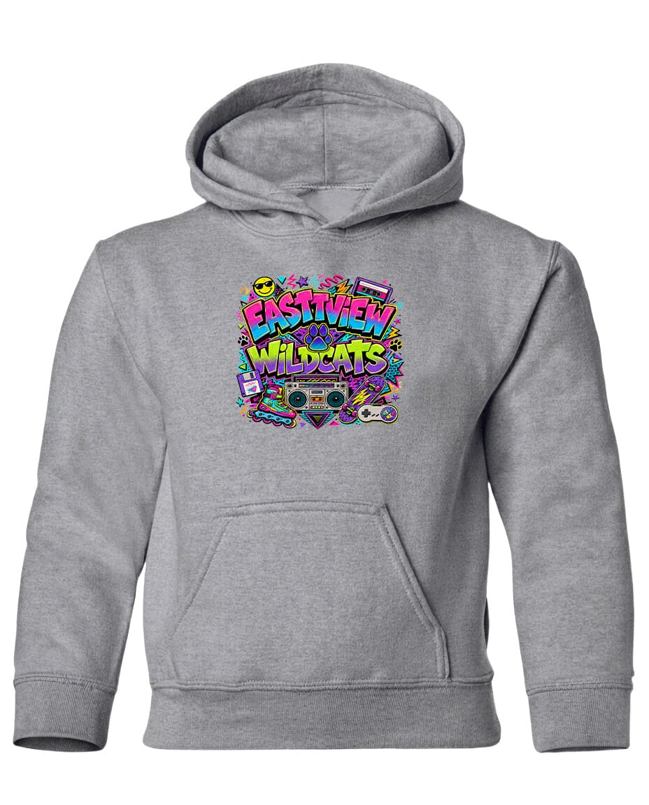 A gray hoodie with a colorful graphic design featuring the text "EASTVIEW WILDCATS" surrounded by various icons and symbols.