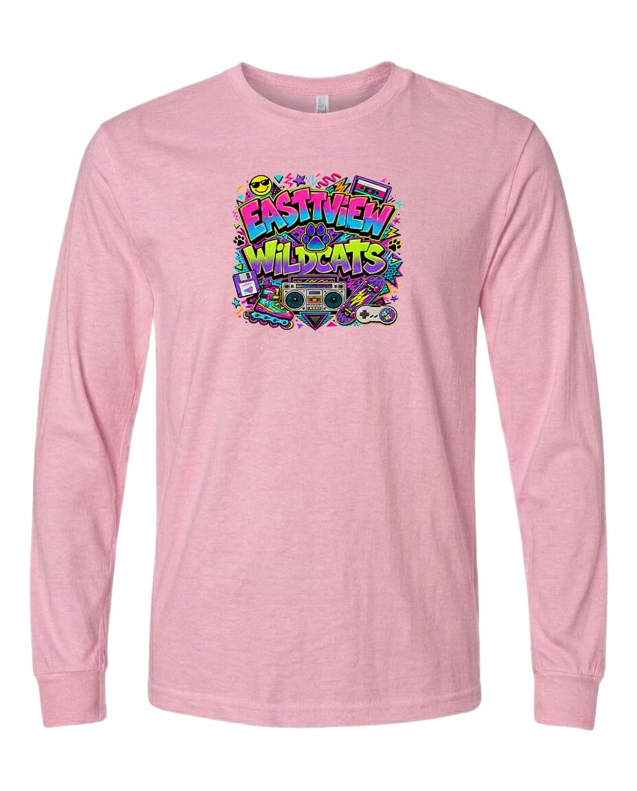 A pink long-sleeved t-shirt with a colorful graphic design featuring the text "EASTVIEW WILDCATS" surrounded by various icons and symbols.