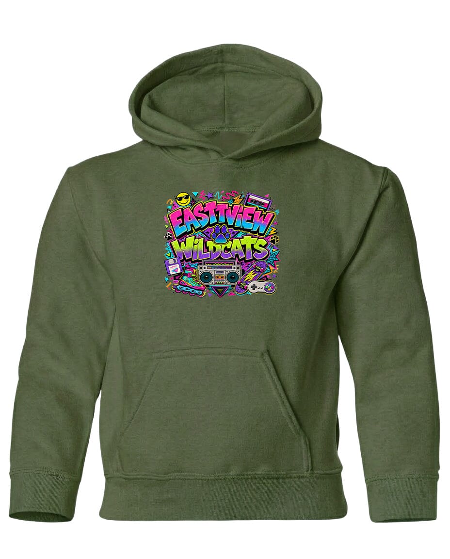 A green hoodie with a colorful graphic design featuring the text "EASTVIEW WILDCATS" surrounded by various icons and symbols.