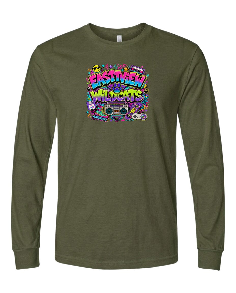 A long-sleeved olive green t-shirt with a colorful graphic design featuring the text "EASTVIEW WILDCATS" surrounded by various icons and symbols.