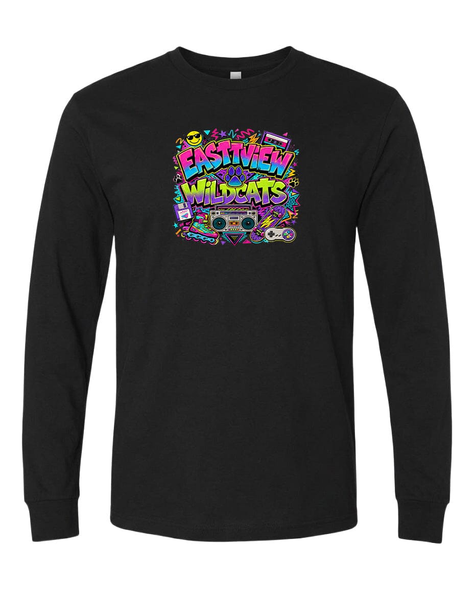 A black long-sleeve t-shirt with a colorful graphic design featuring the text "EASTVIEW WILDCATS" surrounded by various icons and symbols.