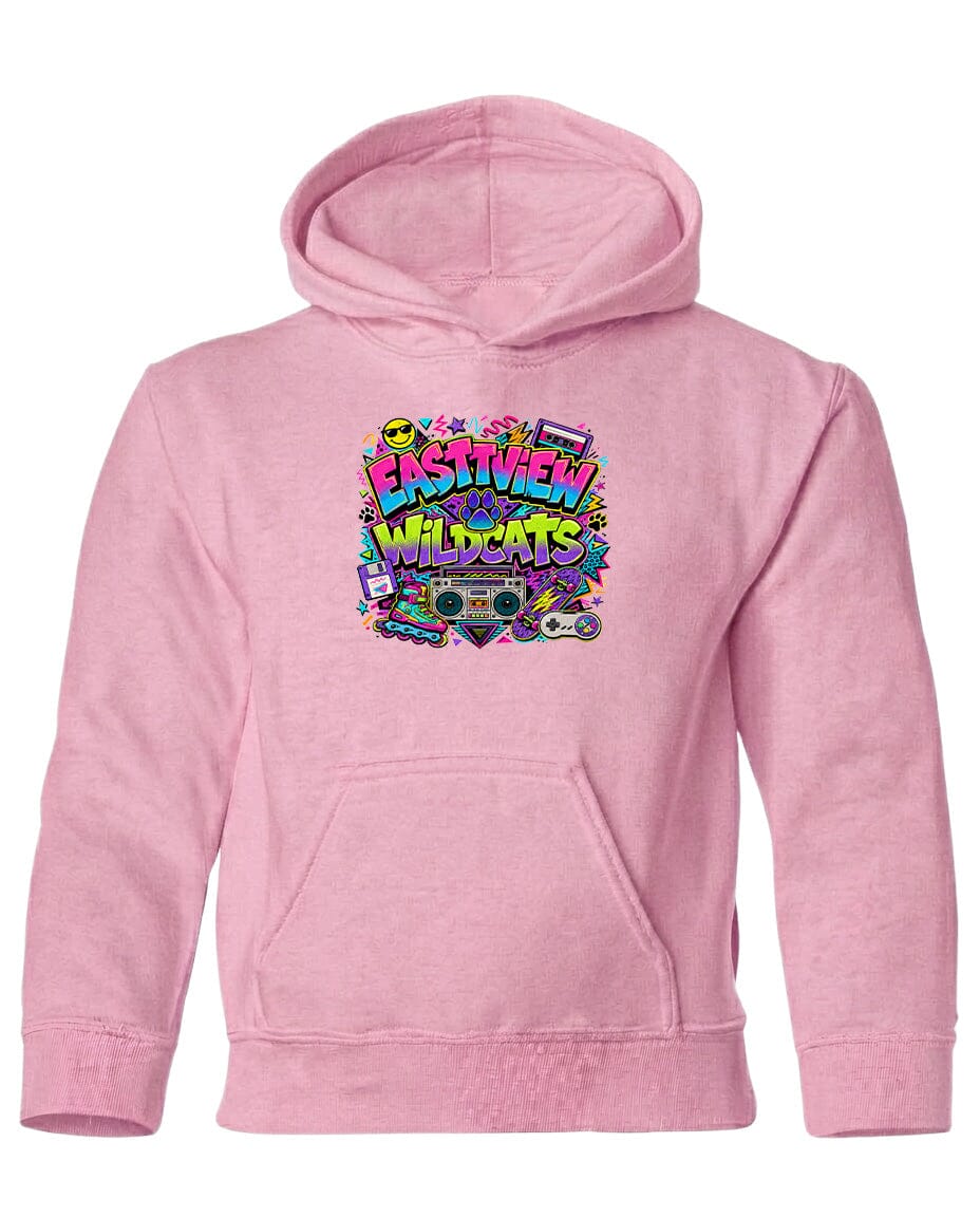 A pink hoodie with a colorful graphic design featuring the text "EASTVIEW WILDCATS" surrounded by various icons and symbols.