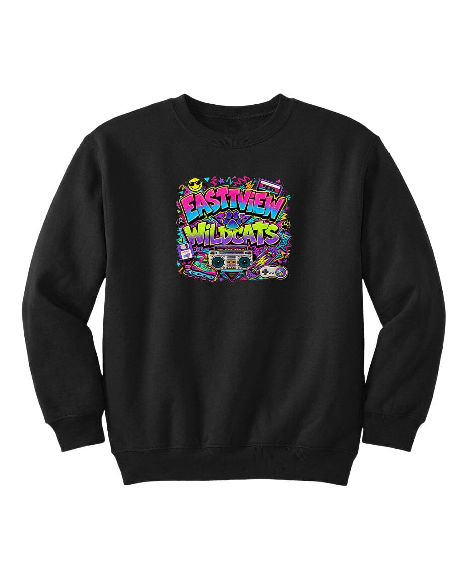 A black sweatshirt with a colorful graphic design featuring the text "EASTVIEW WILDCATS" surrounded by various icons and symbols.