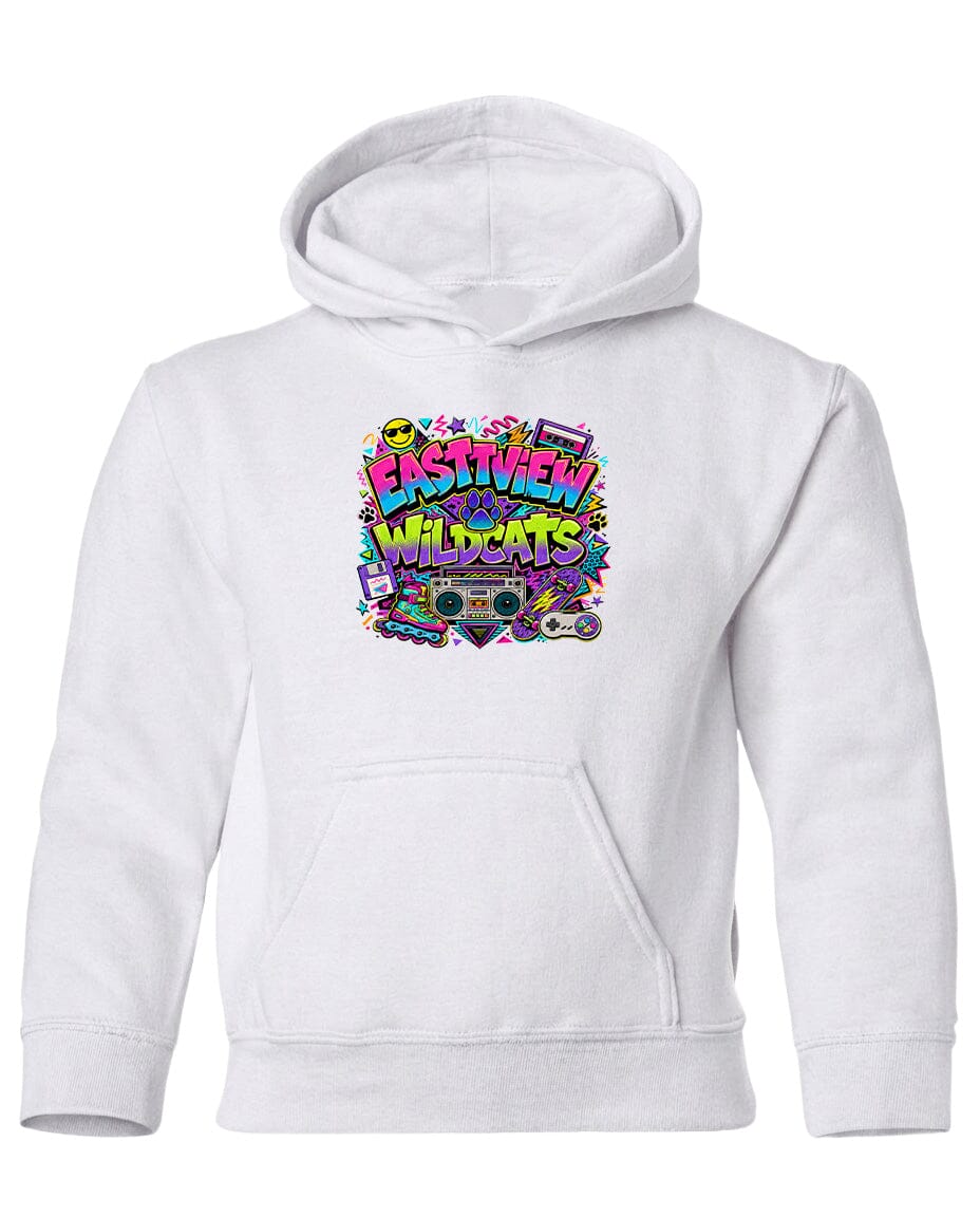 A white hoodie with a colorful graphic design featuring the text "EASTVIEW WILDCATS" surrounded by various icons and symbols.