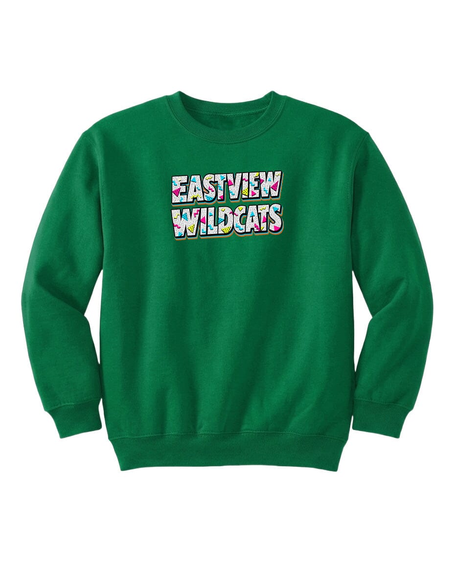 A bright green sweatshirt with the text "EASTVIEW WILDCATS" printed on it.