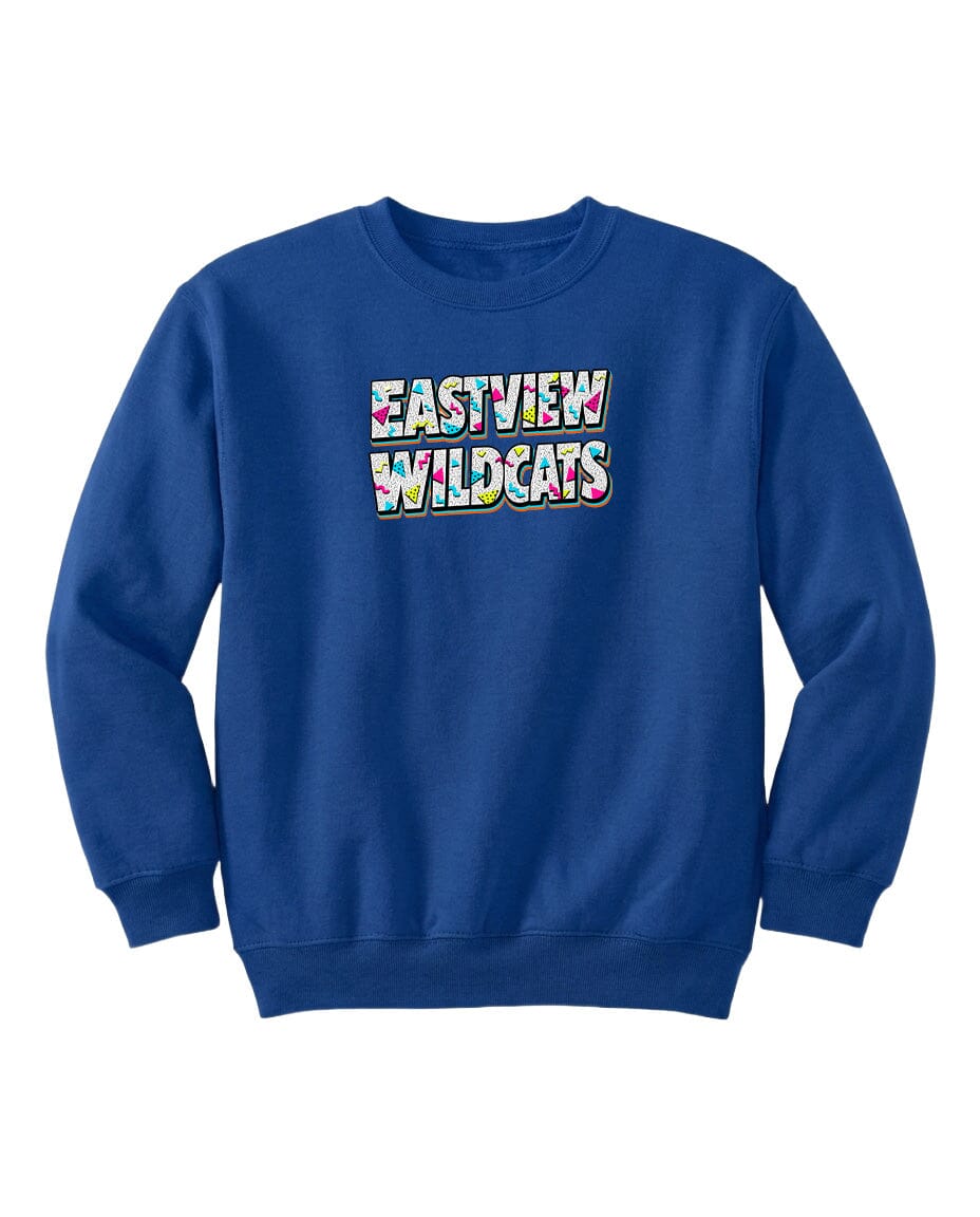 A blue sweatshirt with the text "EASTVIEW WILDCATS" printed on it.