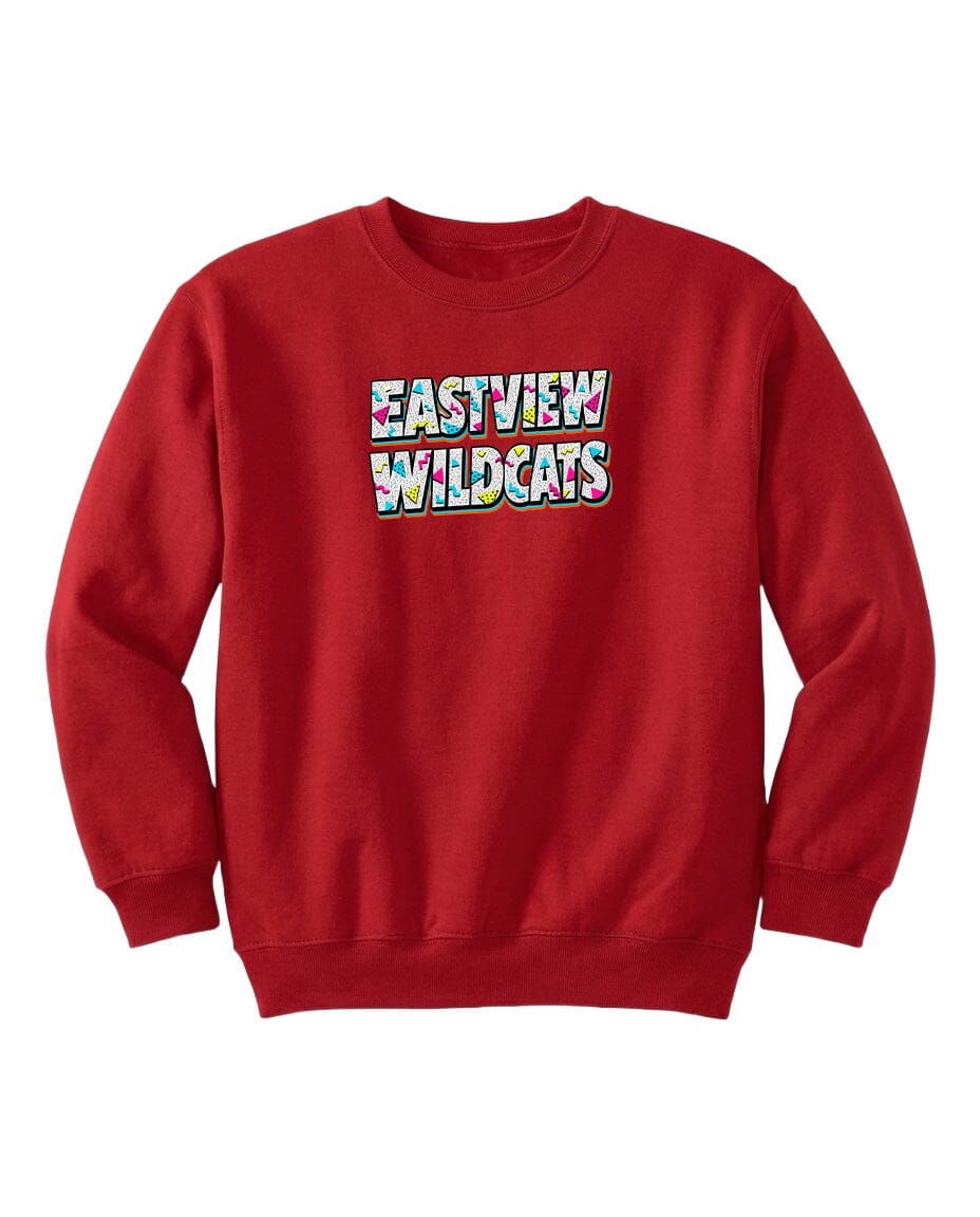 A red sweatshirt with the text "EASTVIEW WILDCATS" printed on it.