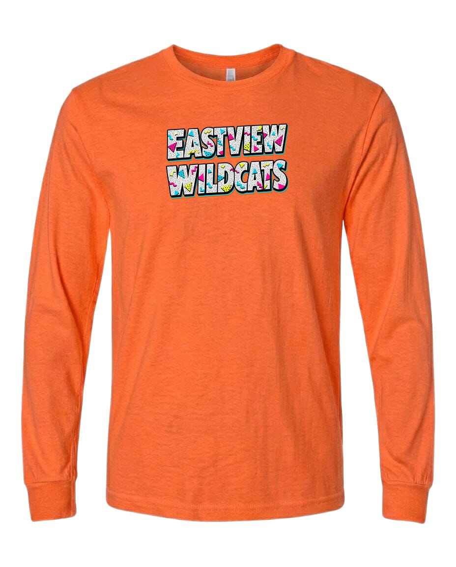 An orange long-sleeved t-shirt with the text "EASTVIEW WILDCATS" printed on it.
