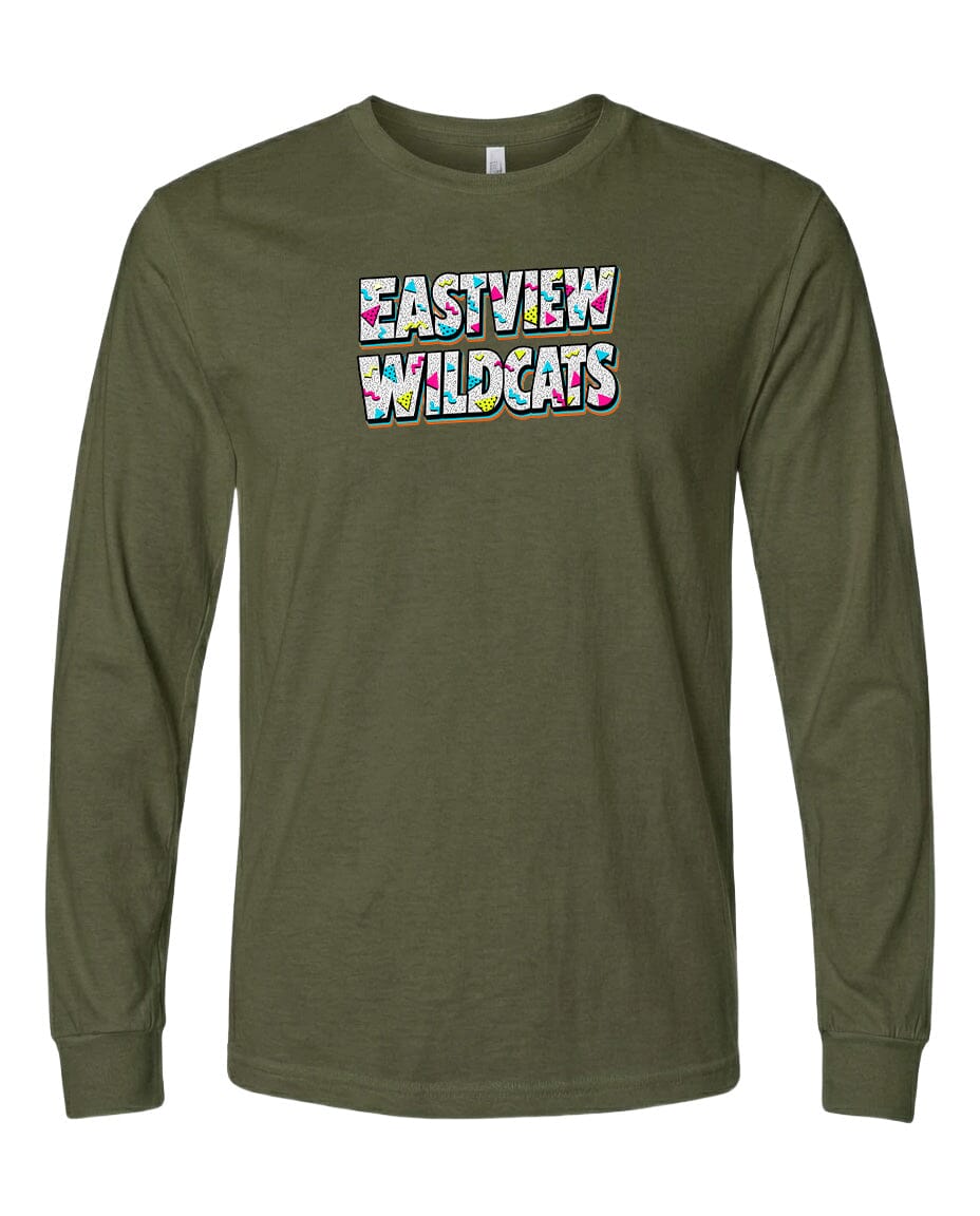 A long-sleeved olive green t-shirt with the text "EASTVIEW WILDCATS" printed on it in a colorful, stylized font.