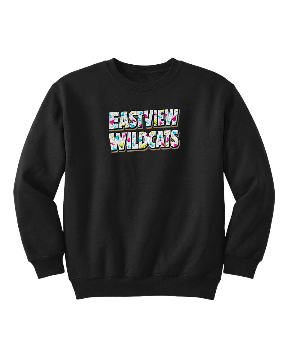 A black sweatshirt with the text "EASTVIEW WILDCATS" printed on it in a colorful, stylized font.