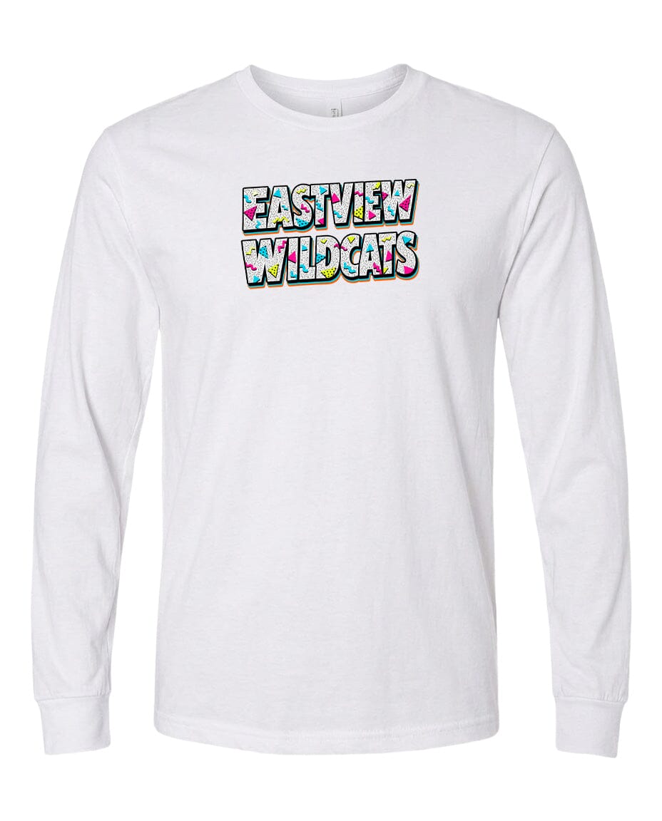 A white long-sleeved t-shirt with the text "EASTVIEW WILDCATS" printed on it in a colorful, stylized font.