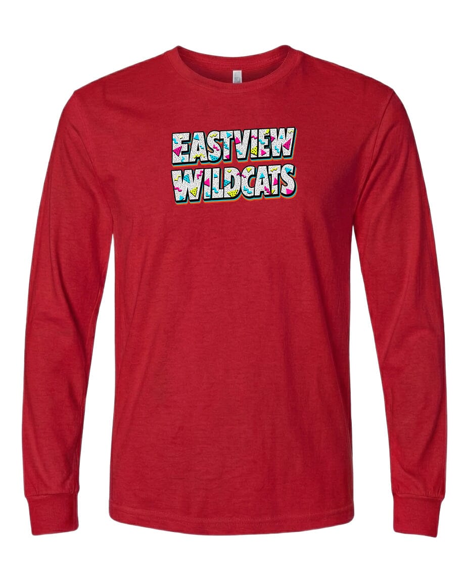 A red long-sleeved t-shirt with the text "EASTVIEW WILDCATS" printed on it.