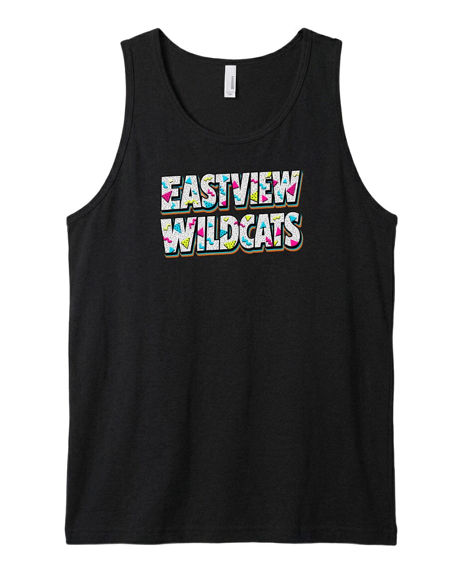 A black tank top with the text "EASTVIEW WILDCATS" printed on it in a colorful, stylized font.