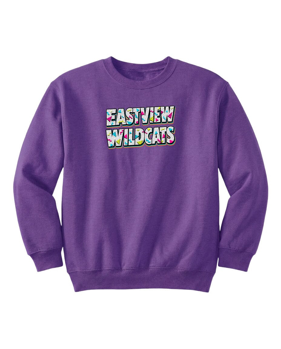 A purple sweatshirt with the text "EASTVIEW WILDCATS" printed on it.