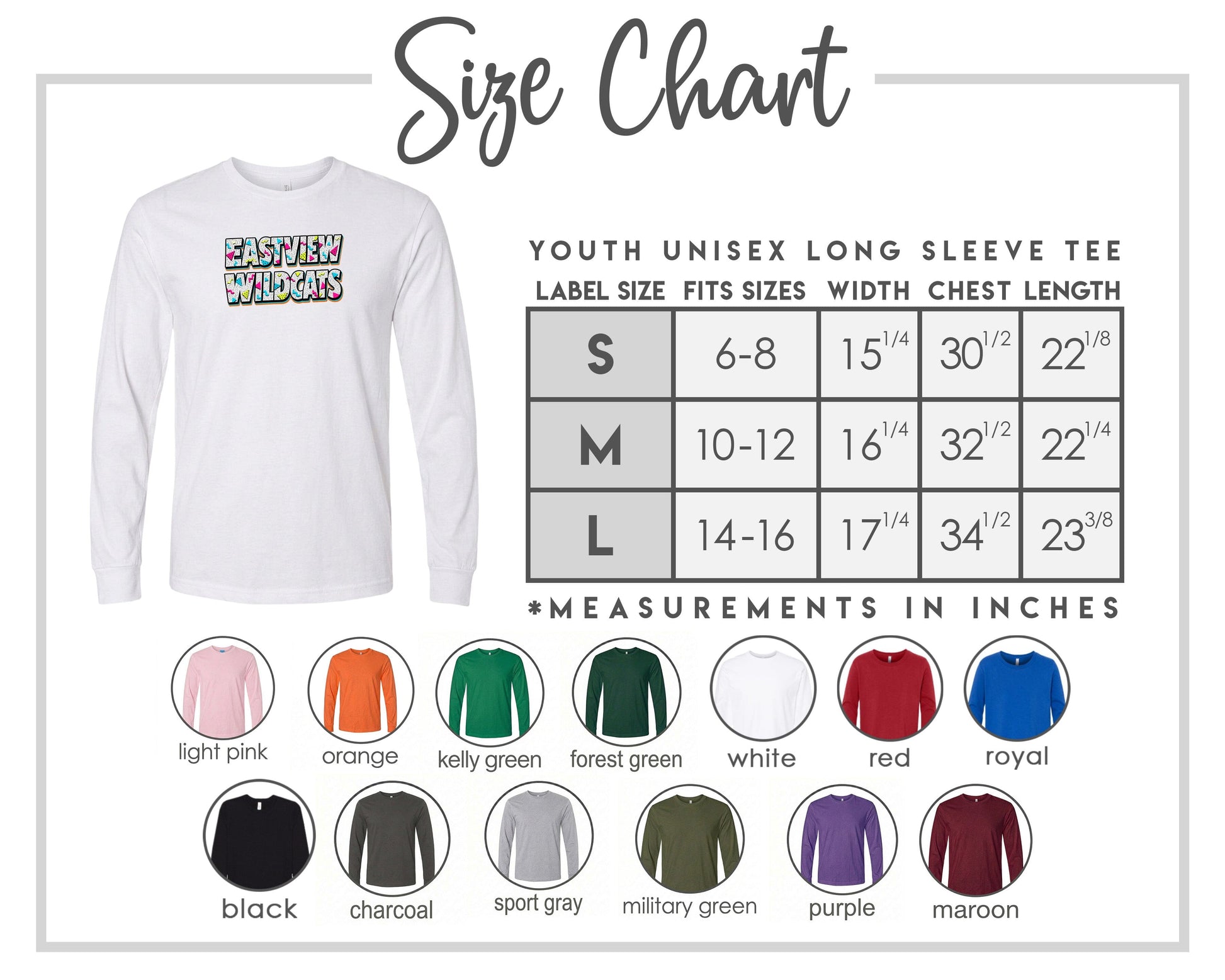 The image is a size chart for a youth unisex long sleeve tee, including various color options and corresponding measurements.