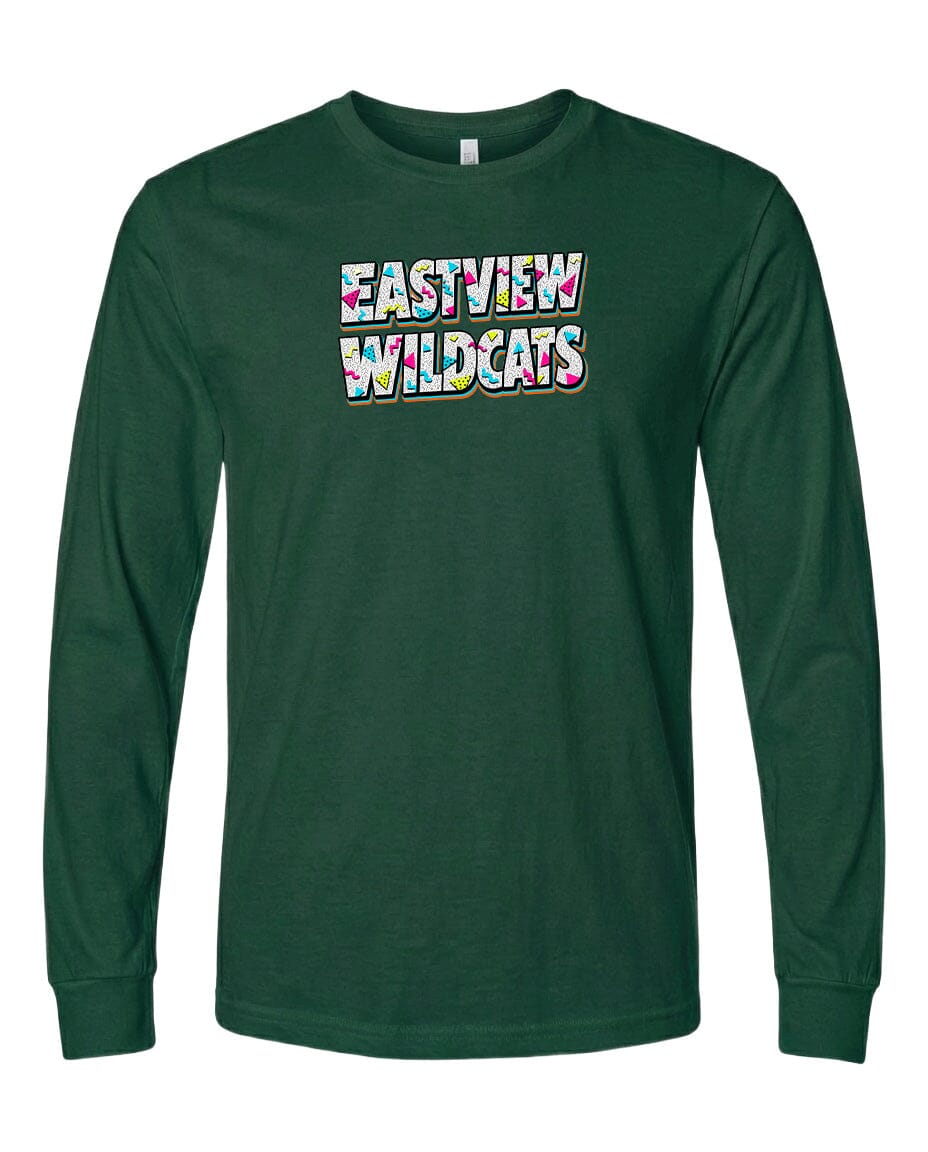A dark green long-sleeved t-shirt with the text "EASTVIEW WILDCATS" printed on it.