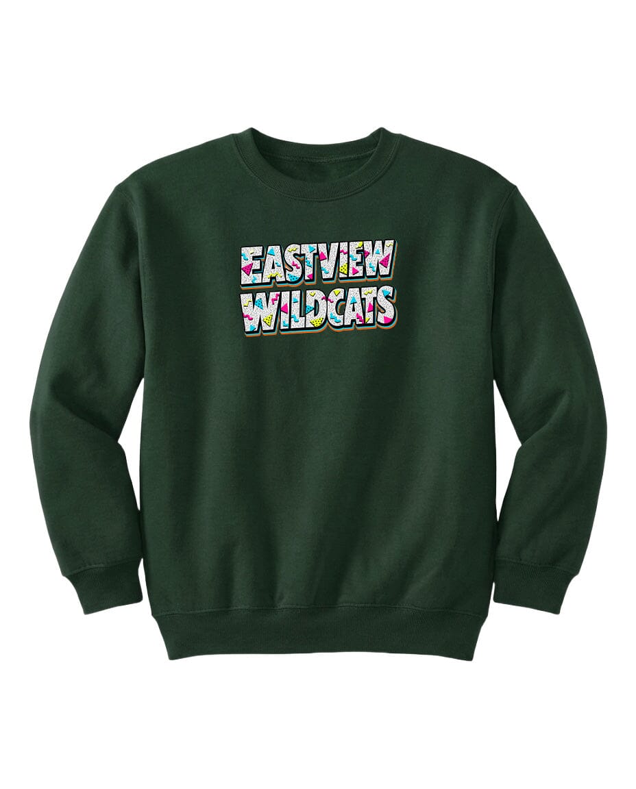 A dark green sweatshirt with the text "EASTVIEW WILDCATS" printed on it.