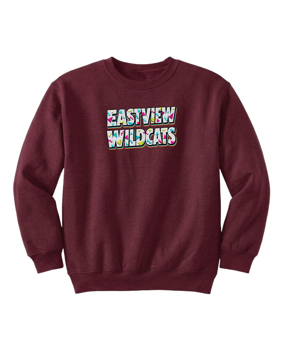 A burgundy sweatshirt with the text "EASTVIEW WILDCATS" printed on it.