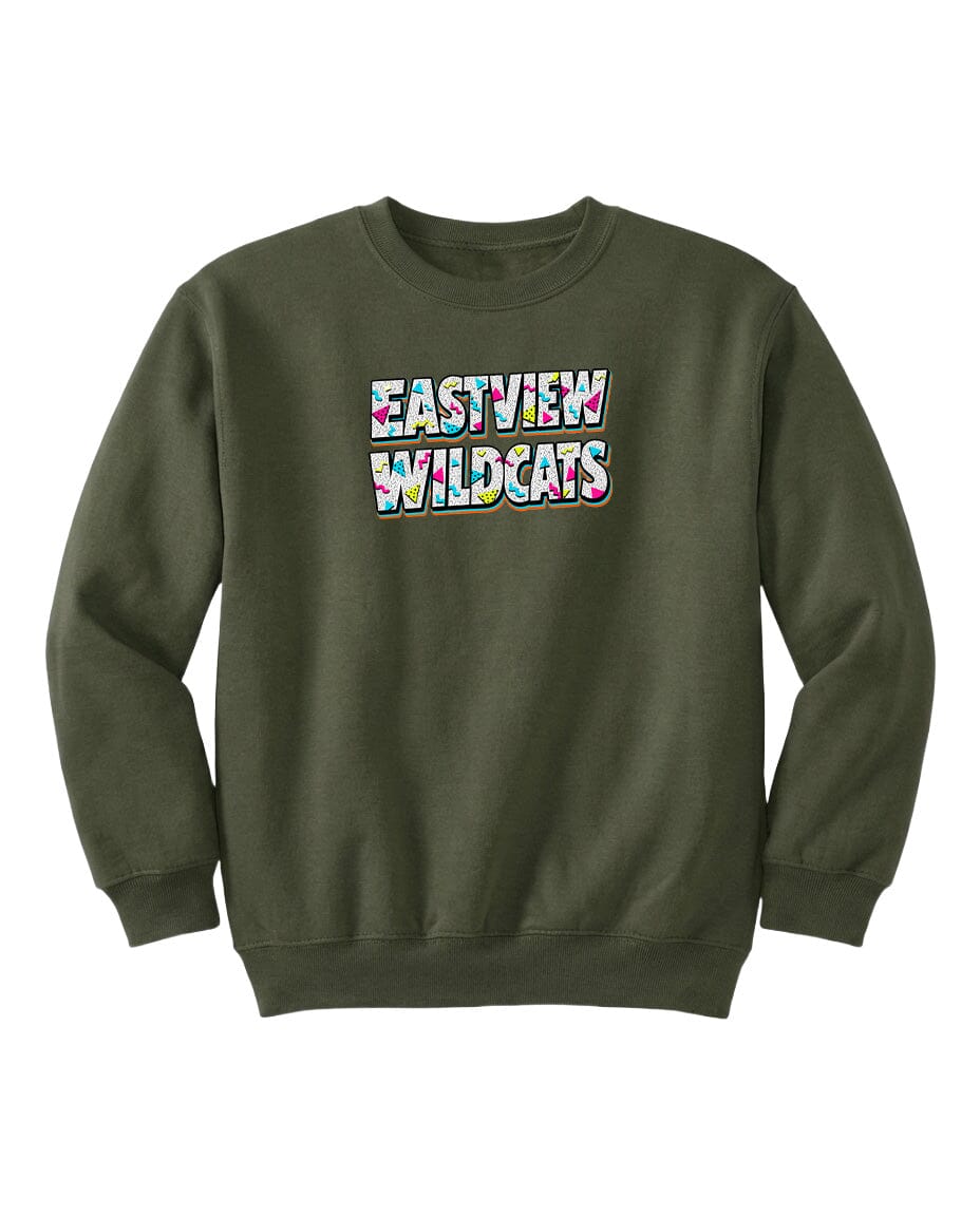 A dark green sweatshirt with the text "EASTVIEW WILDCATS" printed on it.