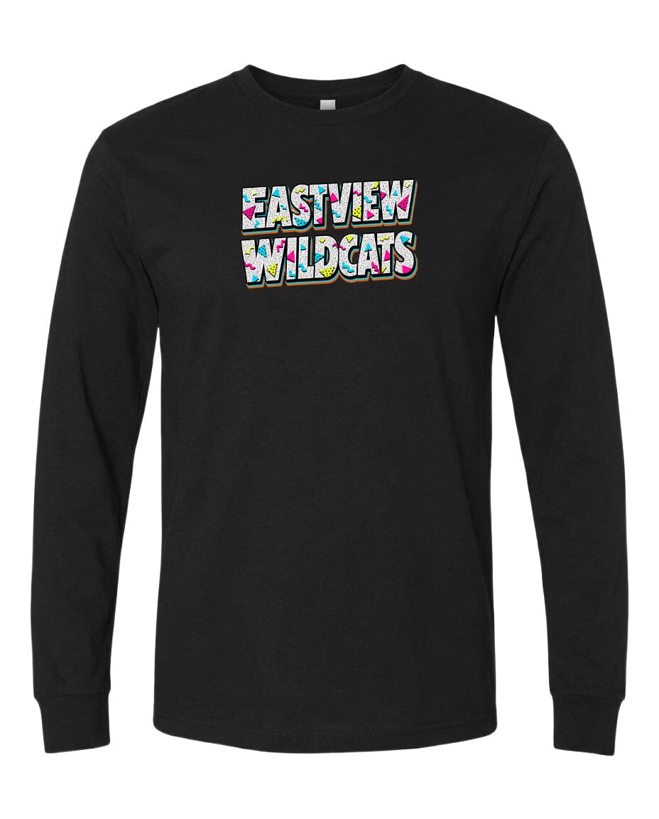 A black long-sleeved t-shirt with the text "EASTVIEW WILDCATS" printed on it in a colorful, stylized font.