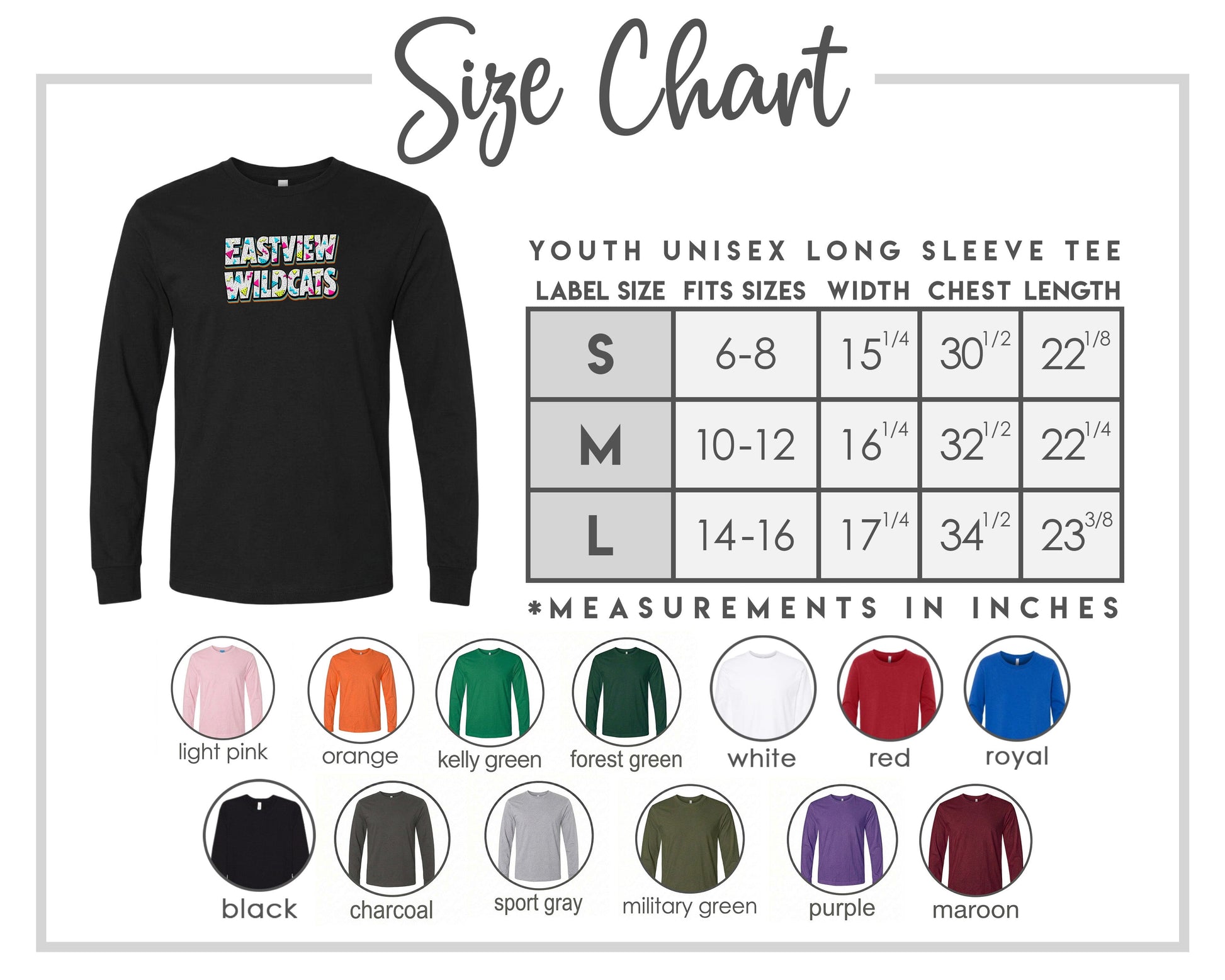The image is a size chart for a youth unisex long sleeve t-shirt. It includes a black t-shirt with the text "EASTVIEW WILDCATS" printed on it, along with a table of size measurements and corresponding color options.