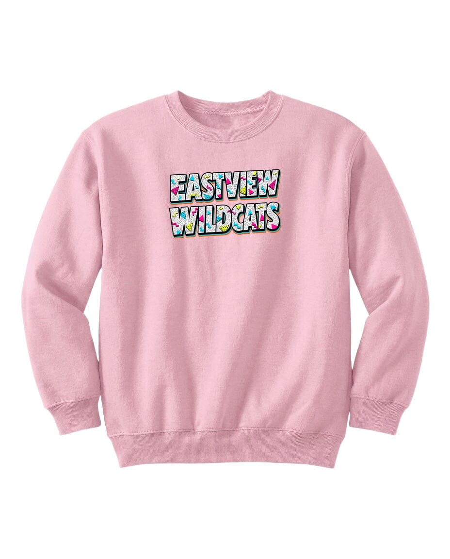 A pink sweatshirt with the text "EASTVIEW WILDCATS" printed on it.