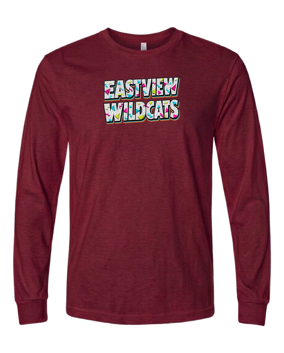 A burgundy long-sleeved t-shirt with the text "EASTVIEW WILDCATS" printed on it.