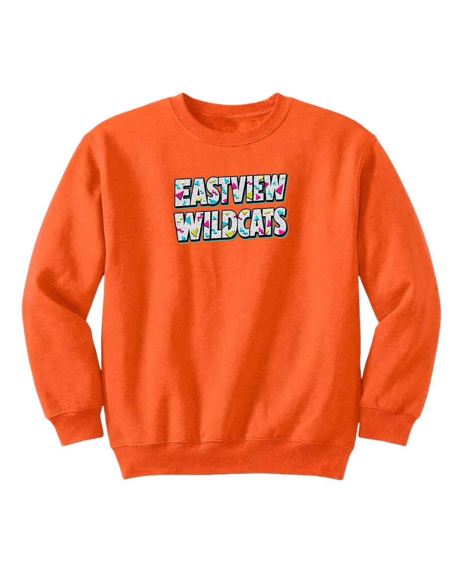 An orange sweatshirt with the text "EASTVIEW WILDCATS" printed on it.