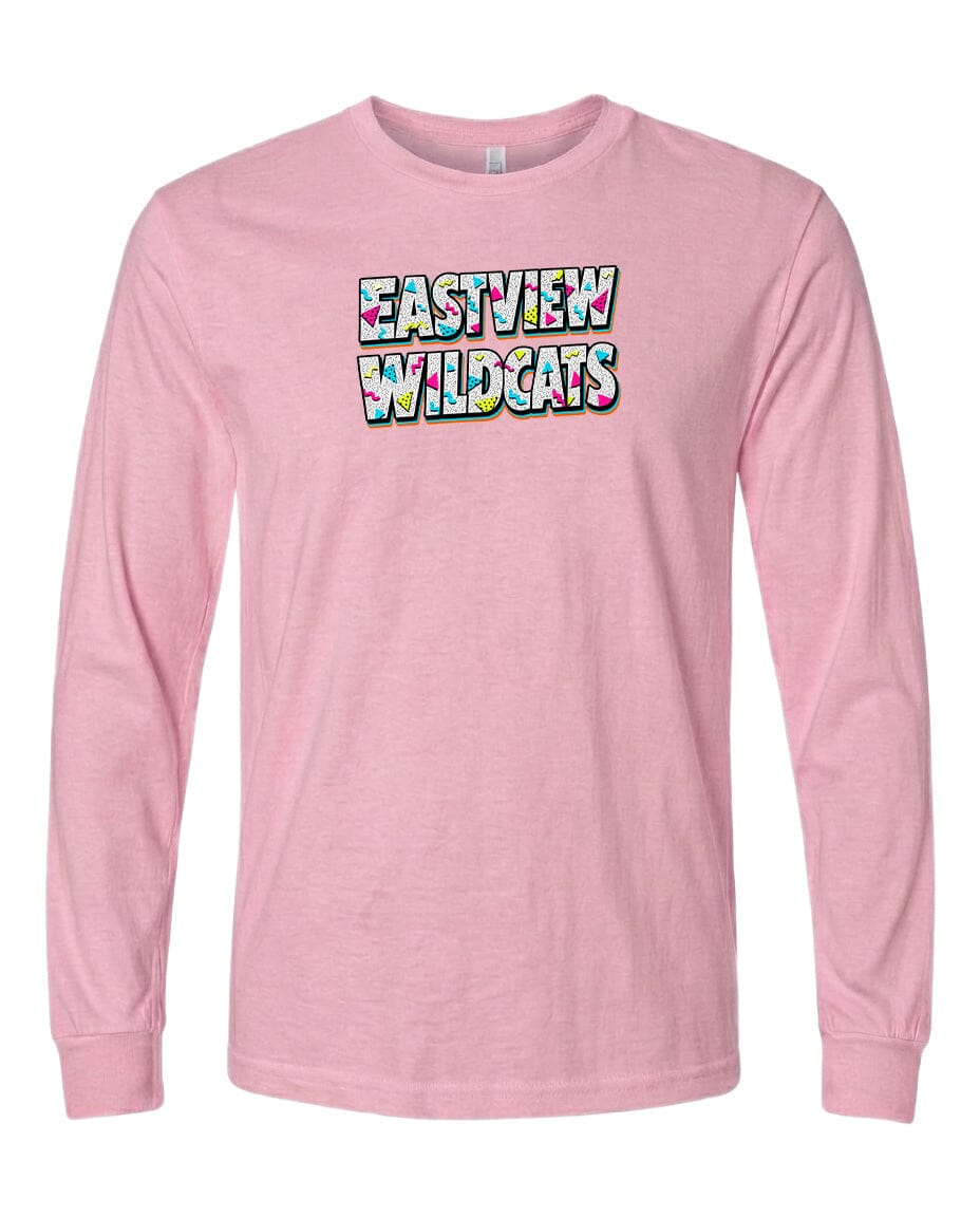 A pink long-sleeved t-shirt with the text "EASTVIEW WILDCATS" printed on it.
