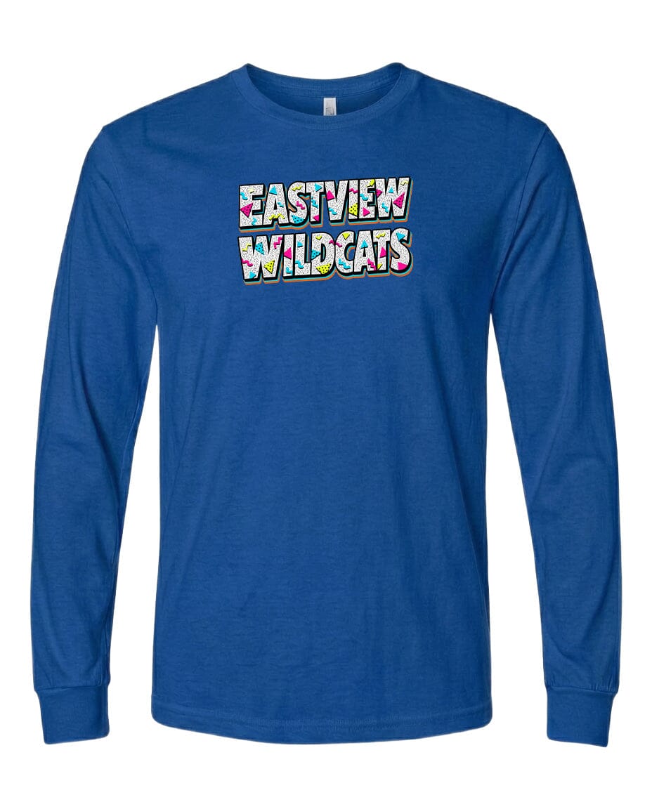 A blue long-sleeved t-shirt with the text "EASTVIEW WILDCATS" printed on it.