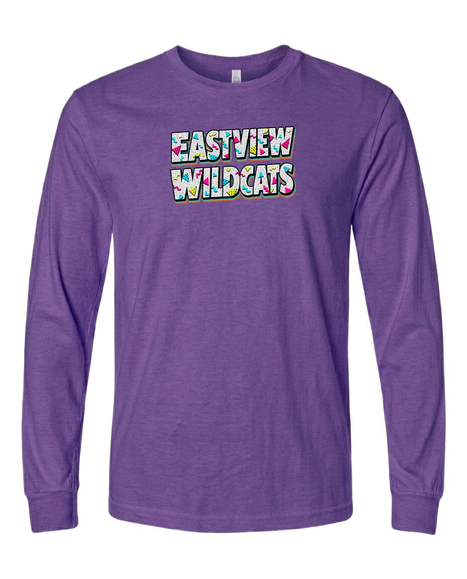 A purple long-sleeved t-shirt with the text "EASTVIEW WILDCATS" printed on it.