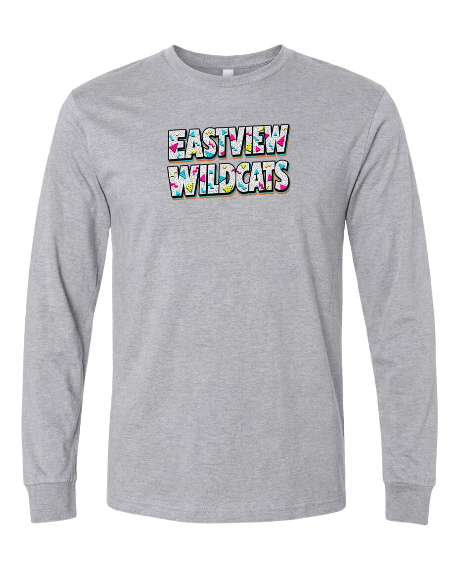 A gray long-sleeved t-shirt with the text "EASTVIEW WILDCATS" printed on it in a colorful, stylized font.