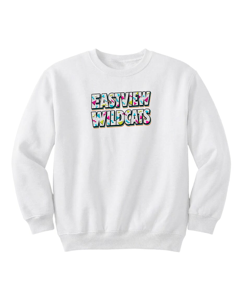 A white sweatshirt with the text "EASTVIEW WILDCATS" printed on it.