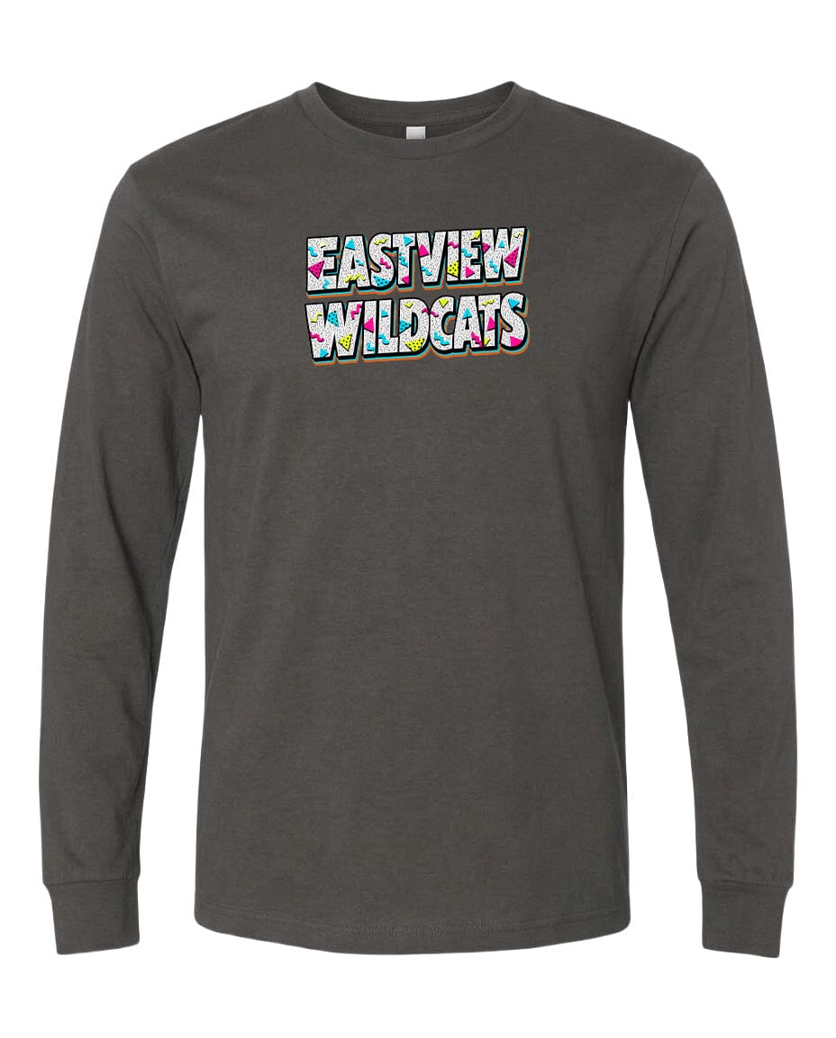 A gray long-sleeved t-shirt with the text "EASTVIEW WILDCATS" printed on it in a colorful, stylized font.