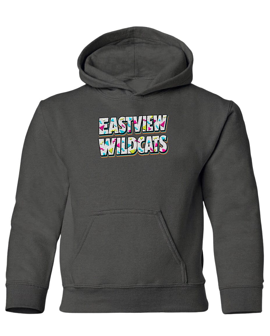 A gray hooded sweatshirt with the text "EASTVIEW WILDCATS" printed on it.
