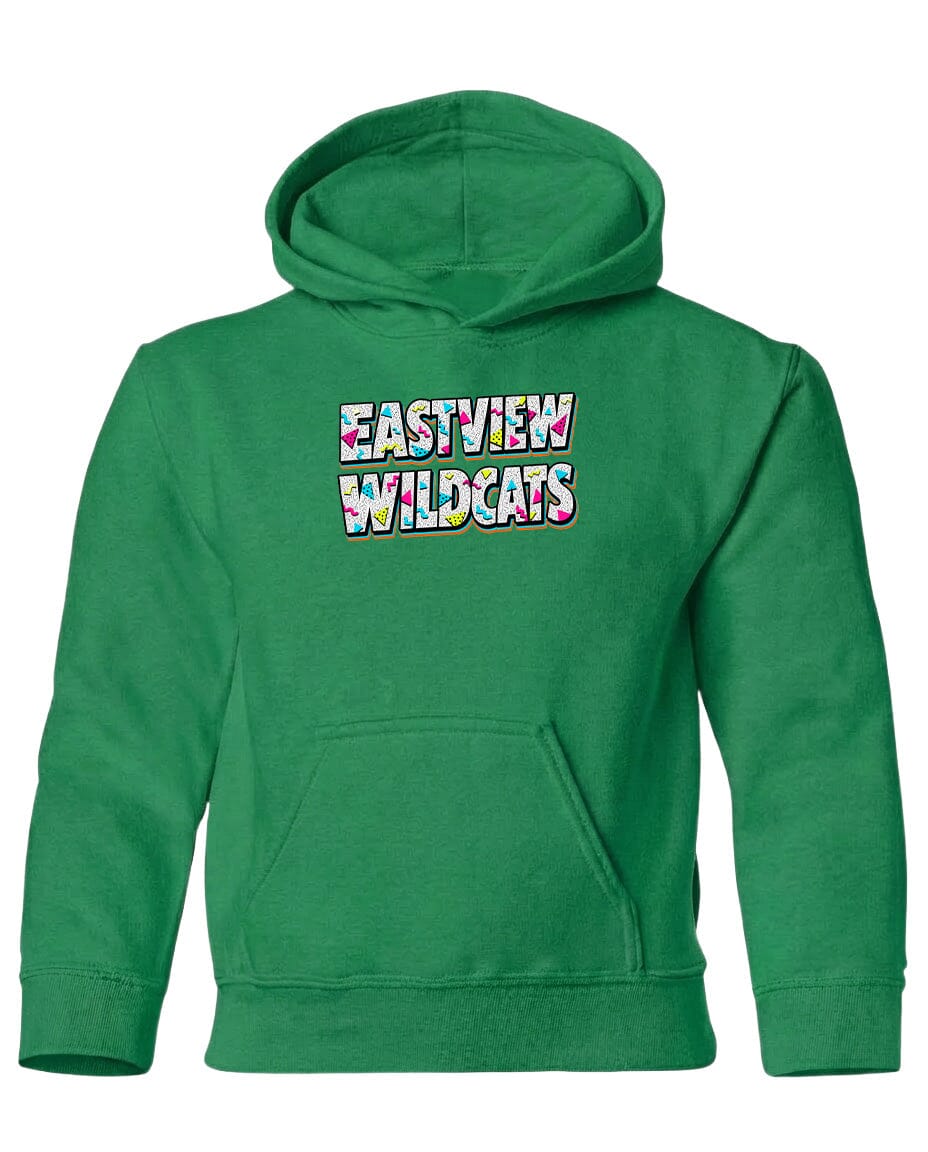 A bright green hoodie with the text "EASTVIEW WILDCATS" printed on it.