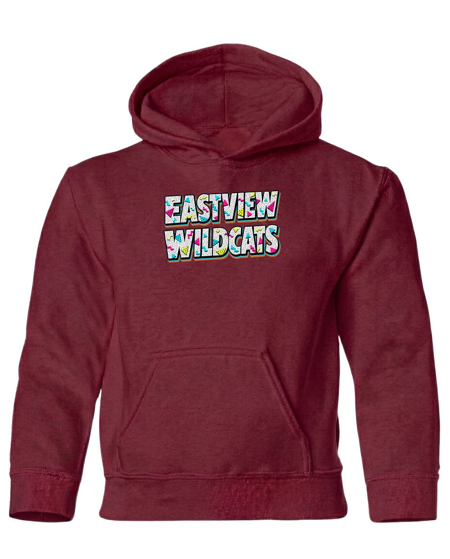 A burgundy-colored hooded sweatshirt with the text "EASTVIEW WILDCATS" printed on it.