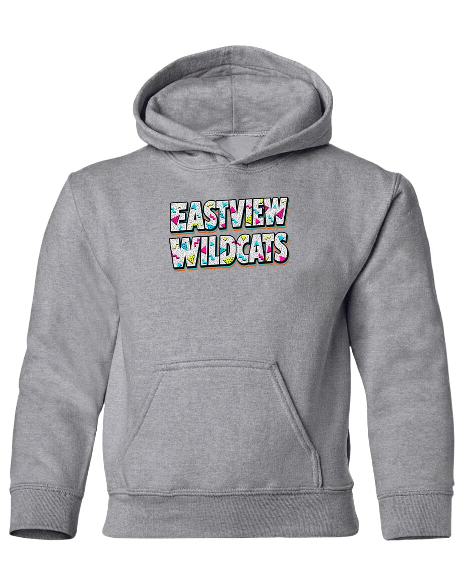 A gray hooded sweatshirt with the text "EASTVIEW WILDCATS" printed on it.