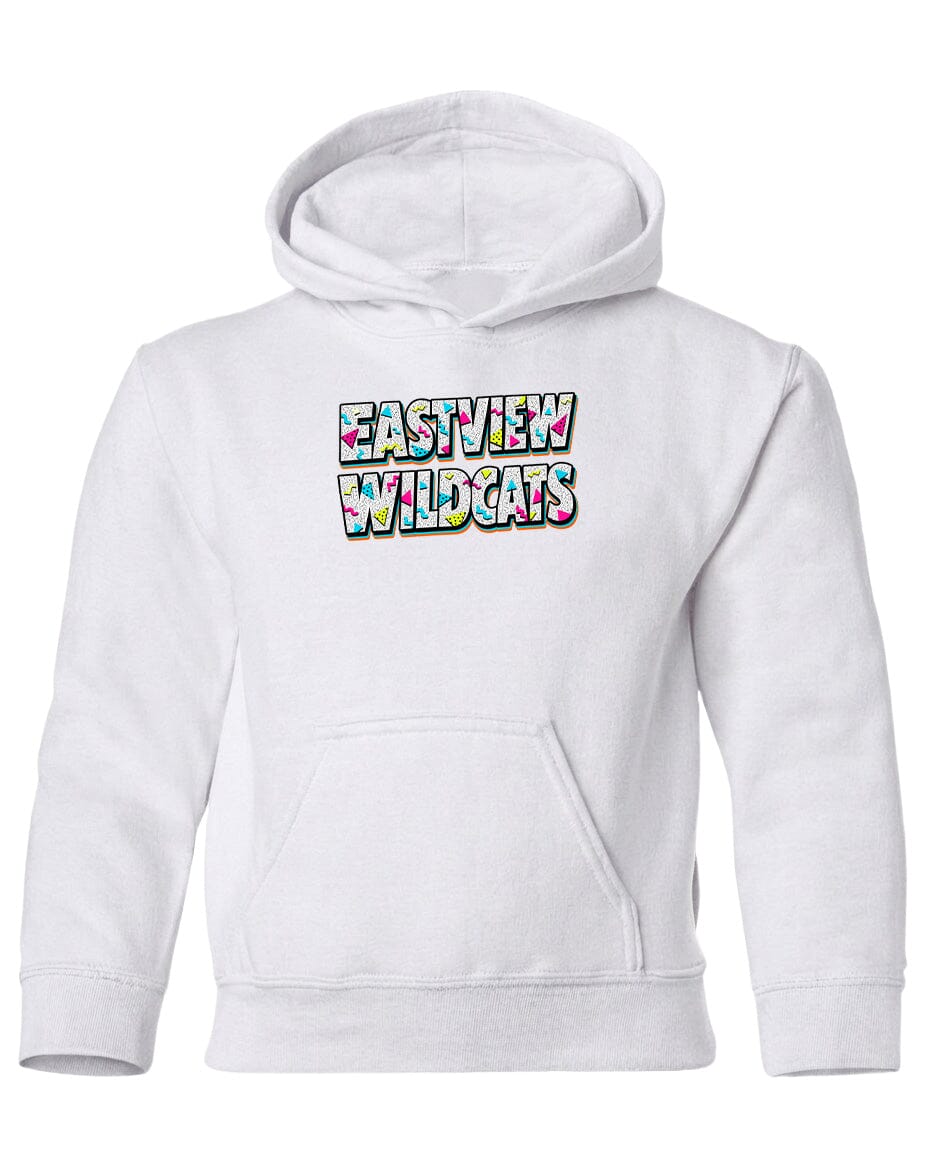 A white hoodie with the text "EASTVIEW WILDCATS" printed on it.