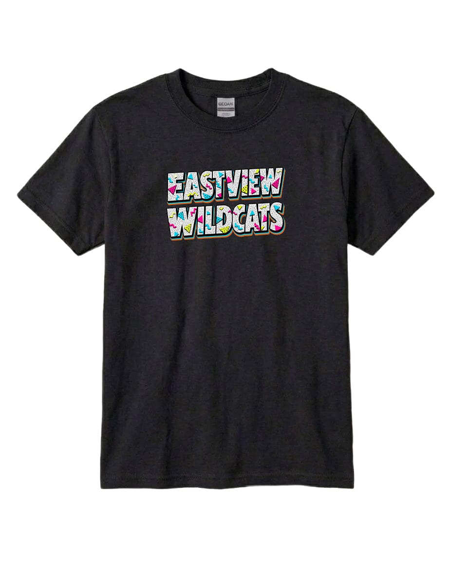 A black t-shirt with the text "EASTVIEW WILDCATS" printed on it in a colorful, stylized font.