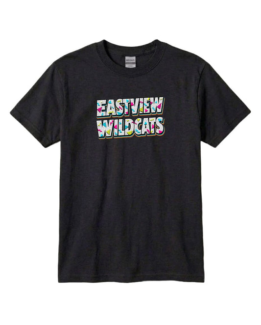 A black t-shirt with the text "EASTVIEW WILDCATS" printed on it in a colorful, stylized font.