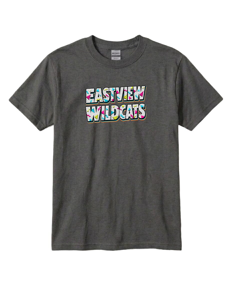 A gray t-shirt with the text "EASTVIEW WILDCATS" printed on it in a colorful, stylized font.