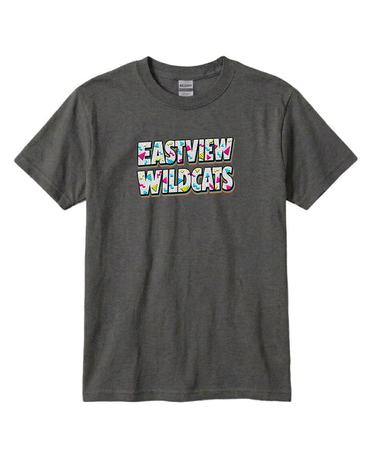A gray t-shirt with the text "EASTVIEW WILDCATS" printed on it in a colorful, stylized font.