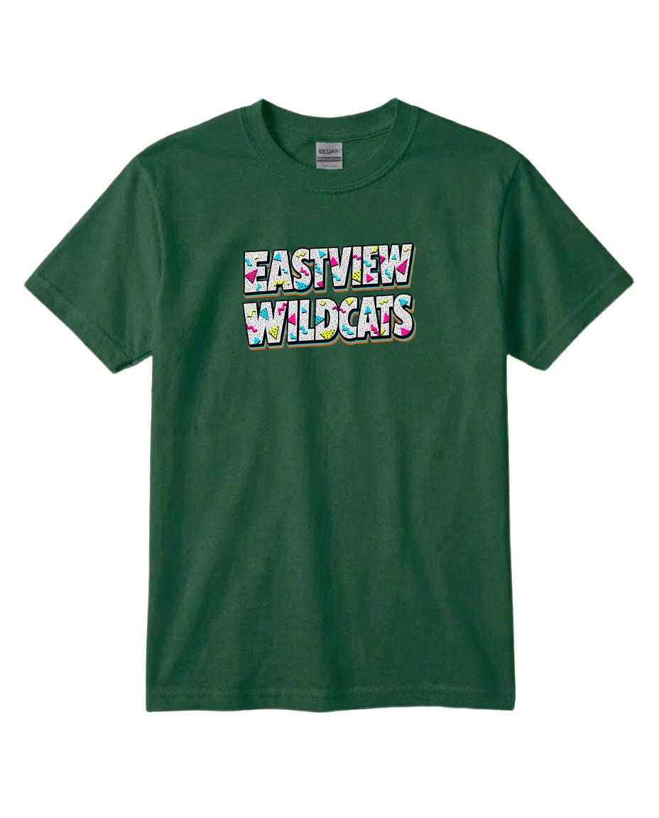 A green t-shirt with the text "EASTVIEW WILDCATS" printed on it.